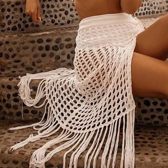 White Fringe Crochet Boho Beach Skirt Coverup - Picture 8 of 8